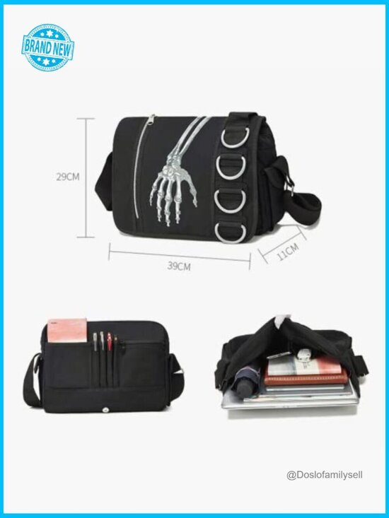 Gothic Canvas Backpack Y2K Grunge Messenger Bag Skull Print Large Capacity main image 5